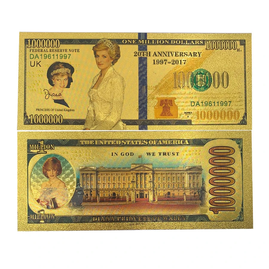 Diana Princess Gold Plated Banknote Crafts 20th Anniversary 1 Million Golden Banknote Diana World Challenge Banknote