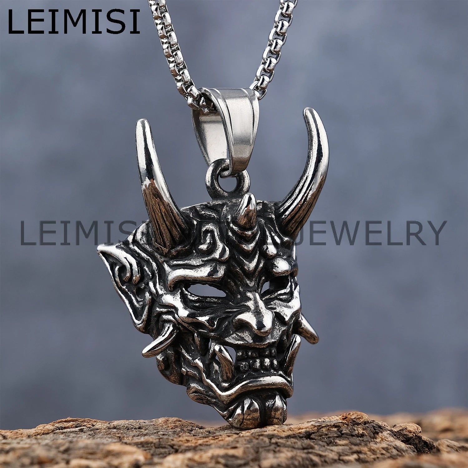 Mens Japanese Style  Prajna Pendants Samurai Devil Mask Skull Necklace Fashion Gothic Biker Jewelry Stainless Steel