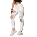 High-Waist White Stretch Denim Jeans for Women Casual Style Skinny Pencil Pants with Ripped Design