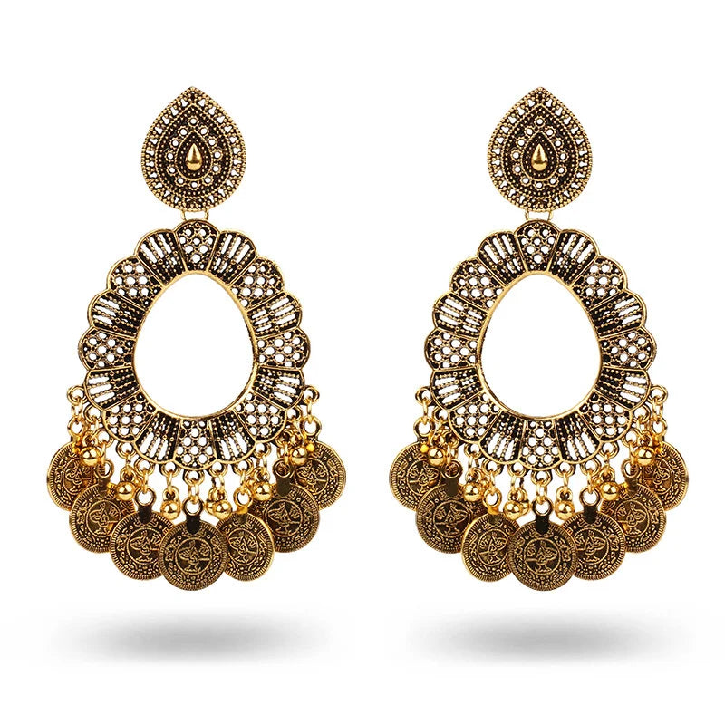 2025 Wholesale Burnish Anti Silver Gold Plated Long Big Vintage Stud Earring With Multi Many Charms of Coins Dangling Earrings