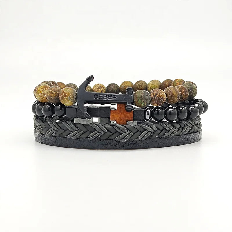 Vintage Men's Stackable Bracelet Set with Leather Cords Natural Stone Beads Cross & Anchor Charms Casual Party Gift Bulk Supply