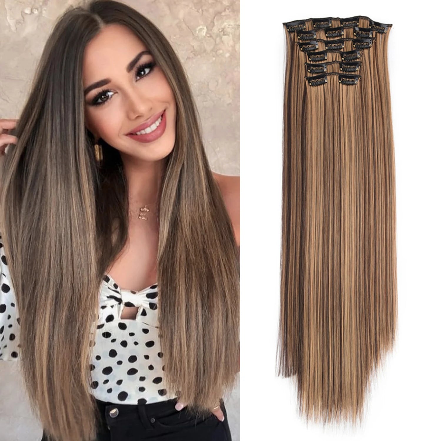 Wholesale 6-piece Set Clip 24-inch Long Straight Hair Extension Synthetic Wig for Women with Straight Hair Extensions