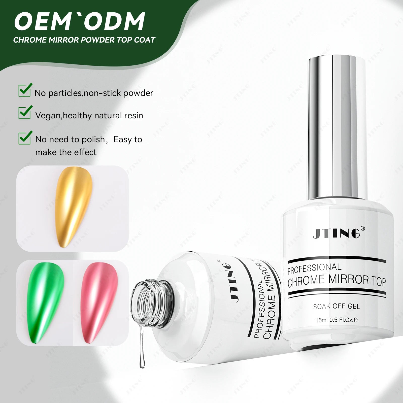 JTING Holographic Pigment No Stick Powder Nail Chrome Top Coat Gel Polish OEM Private Label Magic Mirror Powder Topcoat