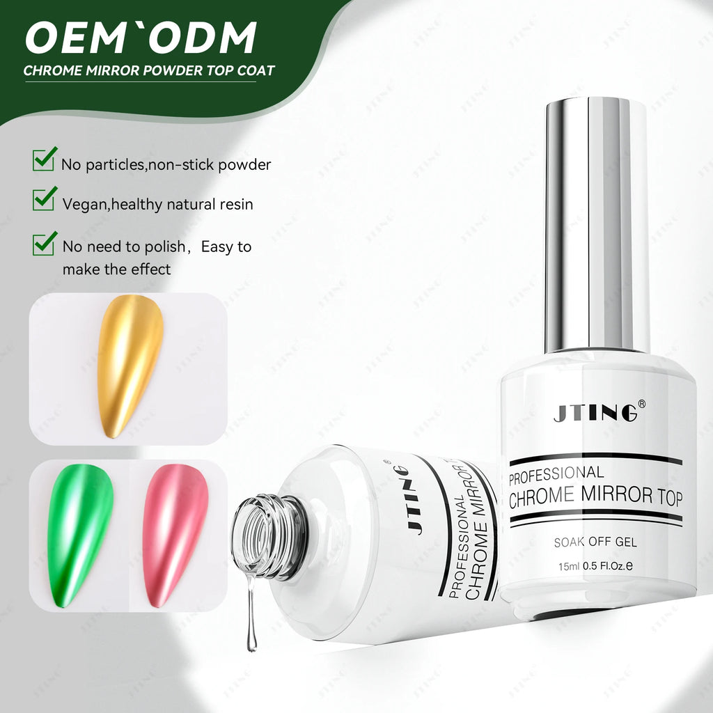 JTING Holographic Pigment No Stick Powder Nail Chrome Top Coat Gel Polish OEM Private Label Magic Mirror Powder Topcoat