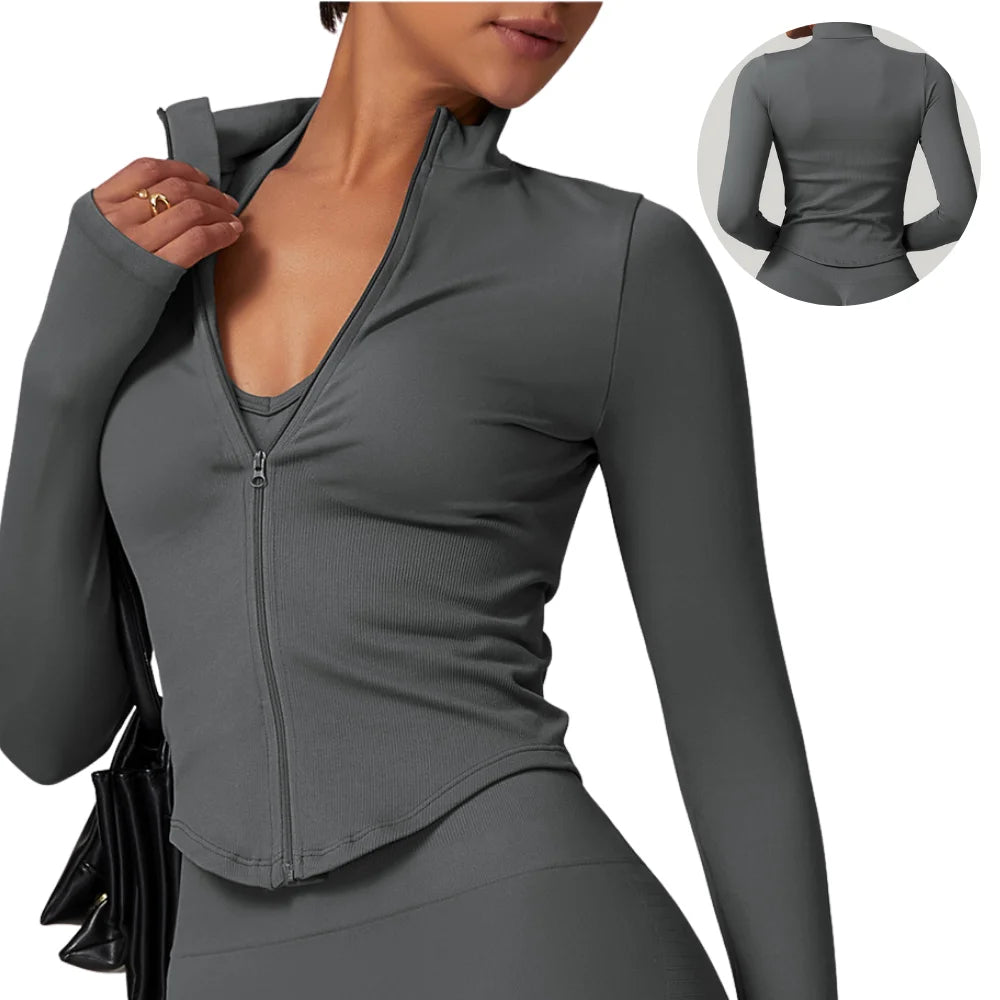 Women's Zip up Workout Jacket High Neck Long Sleeve Thumbhole Compression Sports Jacket With V Shaped Hem for Yoga and Gym