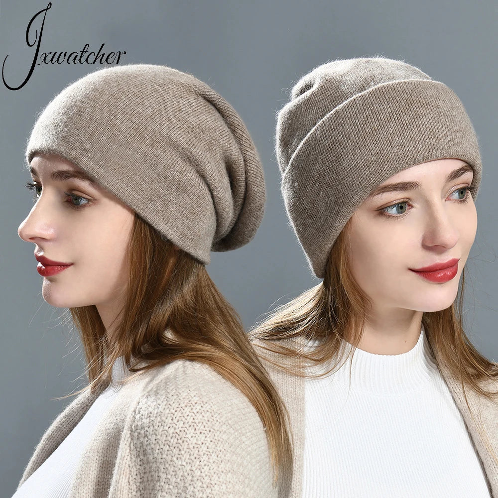 Jxwatcher Wholesale Custom Double Layer Slouch Cashmere Hat Soft Warm Women Winter Plain Unisex Reversible Wool Slouchy Beanie MegaBDM