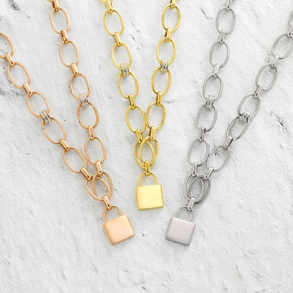 Punk Style Stainless Steel Crystal Ring Clavicle Chunky Chain Lock Padlock Necklace Party Fashion Pendant Christmas Day Gift