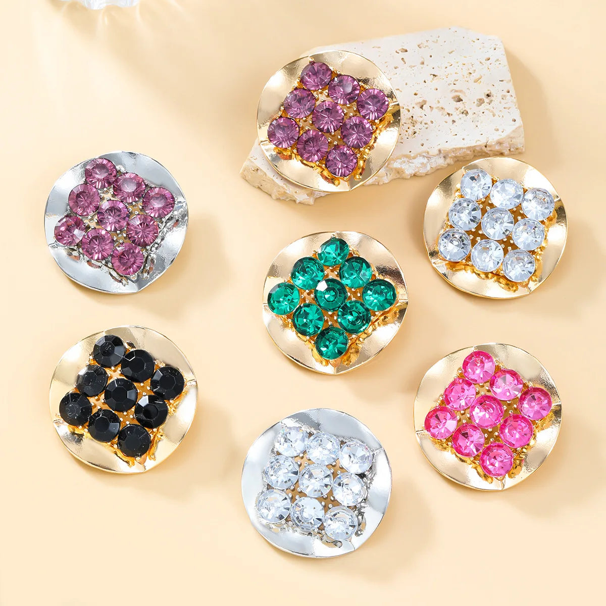 2024 Fashion Jewelry Colorful Diamond New European Alloy Earrings Round Metal Diamond Party Accessories Round Earrings Gold