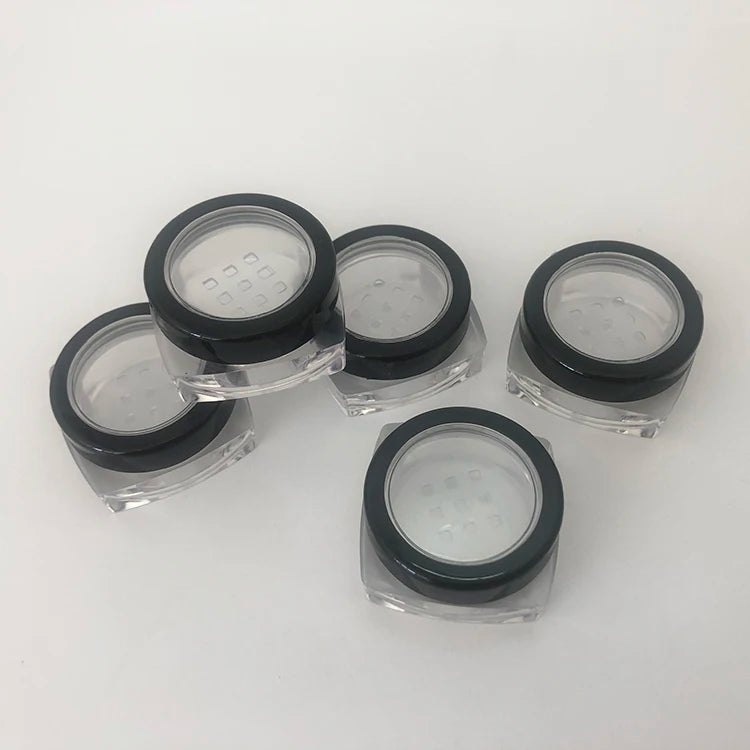 Empty 10ml clear Plastic square Jar with Black Lid and Sifter 10g square Pot with Sifter for Loose Powder