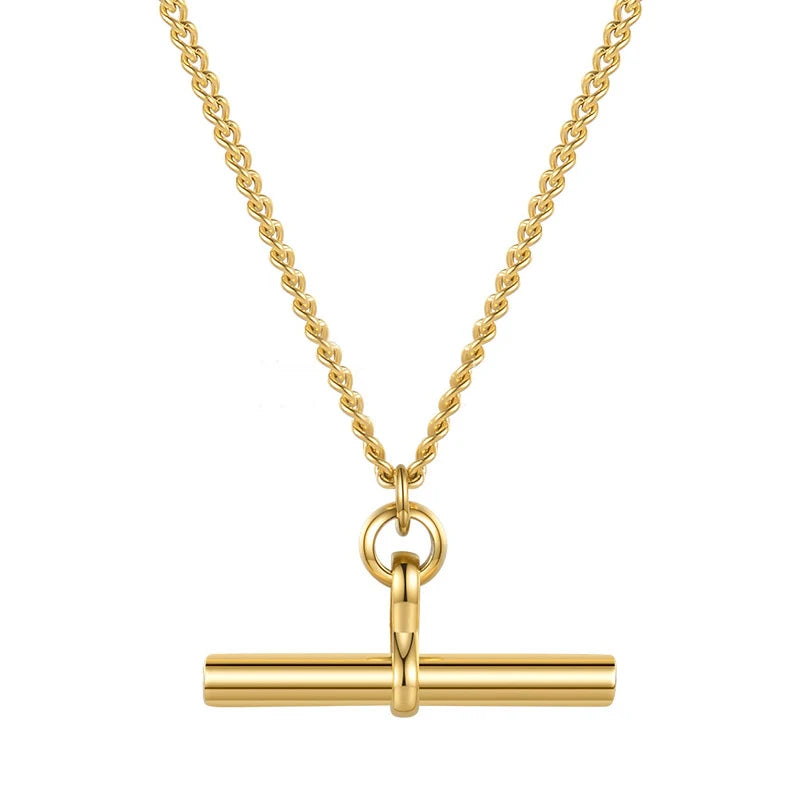Trendy Jewelry 18K Gold Plated Stainless Steel T-BAR Pendant Necklace for Women Long Curb Chain Necklace