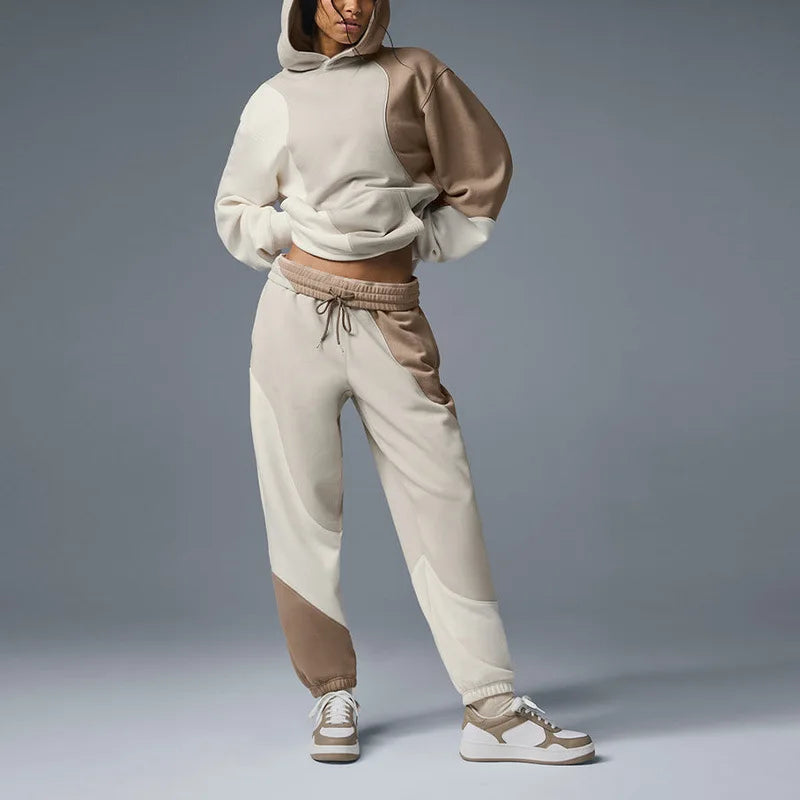 Women Autumn Color Blocked Hooded Sweatshirt Set Casual Soft Comfortable Ankle Tied Pants Outdoor Sports and Fitness Clothes