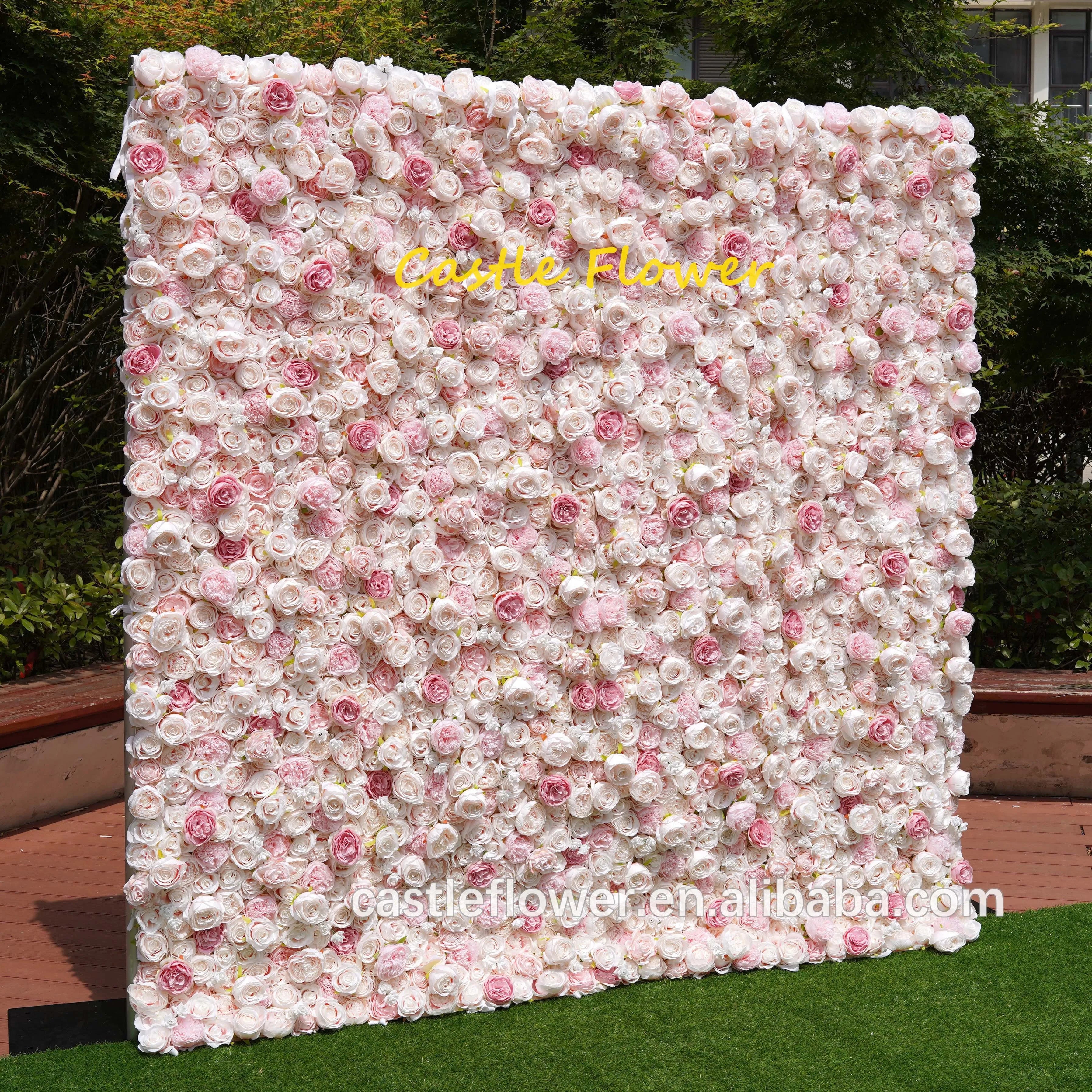 H-457 Customized Artificial Flower Wall for Wedding Decoration Cloth Back Roll up Blue and White Rose Flower Wall