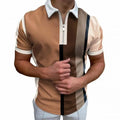 Men's Casual Summer Knitted for Polo T-Shirt Colorful Stripe Printed Zipper Pullover Breathable Short Sleeve Tops