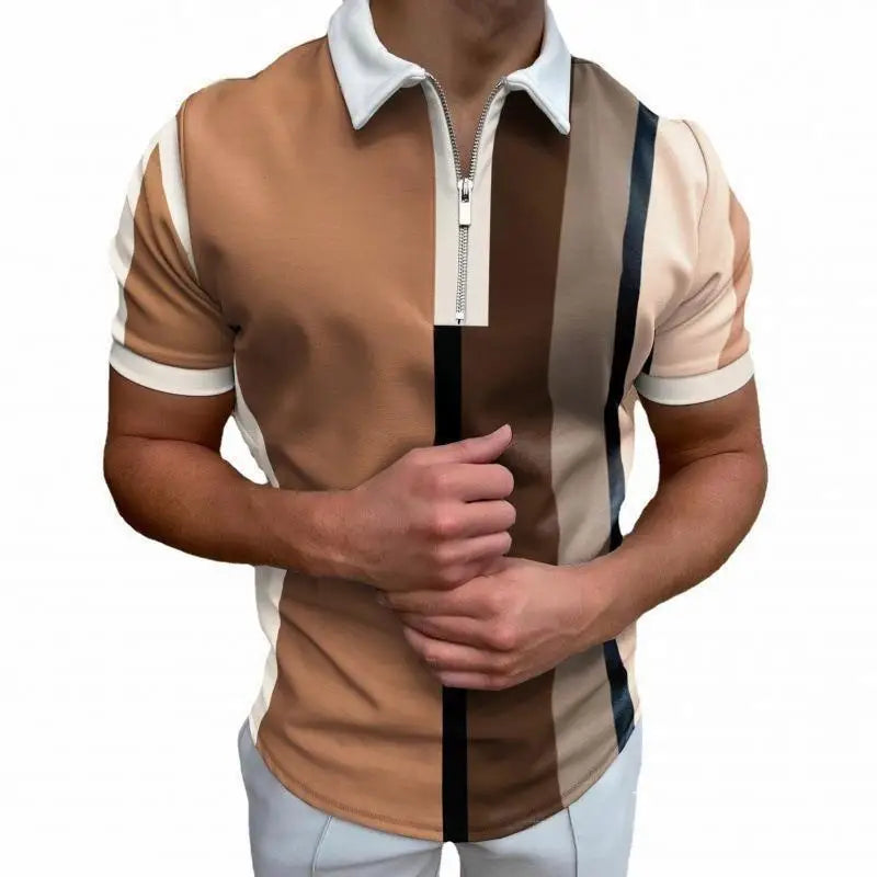 Men's Casual Summer Knitted for Polo T-Shirt Colorful Stripe Printed Zipper Pullover Breathable Short Sleeve Tops