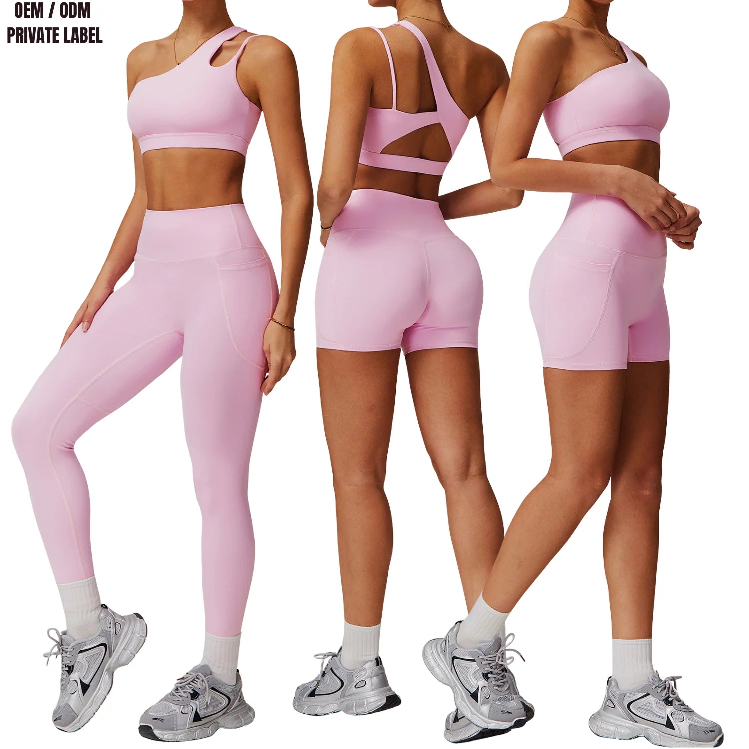 Custom Women 2 Piece Plus Size Activewear Leggings Set One Shoulder Sports Crop High Waisted Pocket Tights Bike Shorts Four-Way