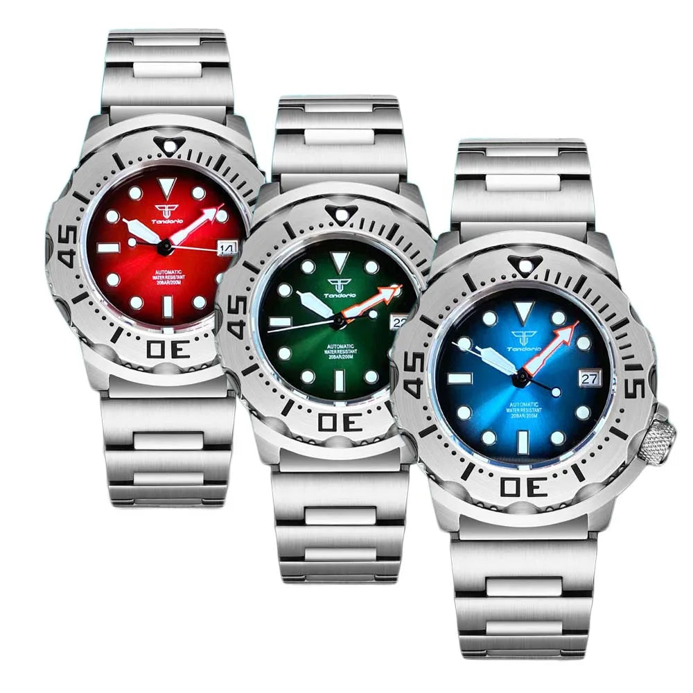 Tandorio Monster 3.8 Dive Steel Mechanical Watch Men S NH36 Movt Sapphire Glass Sunburst Green/Red Green Steel Band