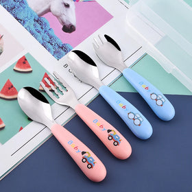 Wholesale Cartoon Children's Stainless Steel Spoon Fork Chopsticks Children's Tableware Set with Portable Box