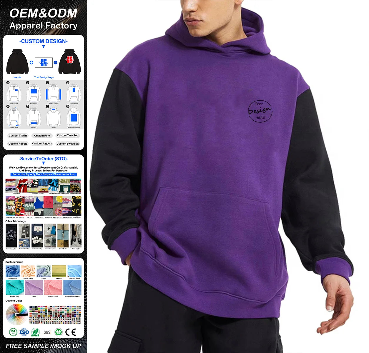 Bulk Casual Two Colors Black Purple Plain Hoodies Men Long Sleeve Pullover Hooded Sweatshirt With Pockets Drawstring Men