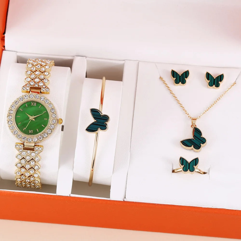 Luxury Female Wrist Watches Crystal Bracelet Earring Necklace Set  Charm Bracelet Casual Quartz Butterfly Watch Set for Women