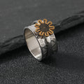Stainless Steel Hammered Dirty Silver Wide Band Meditation Ring Women Daisy Flower Spinner Fidget Rings for Anxiety Relief