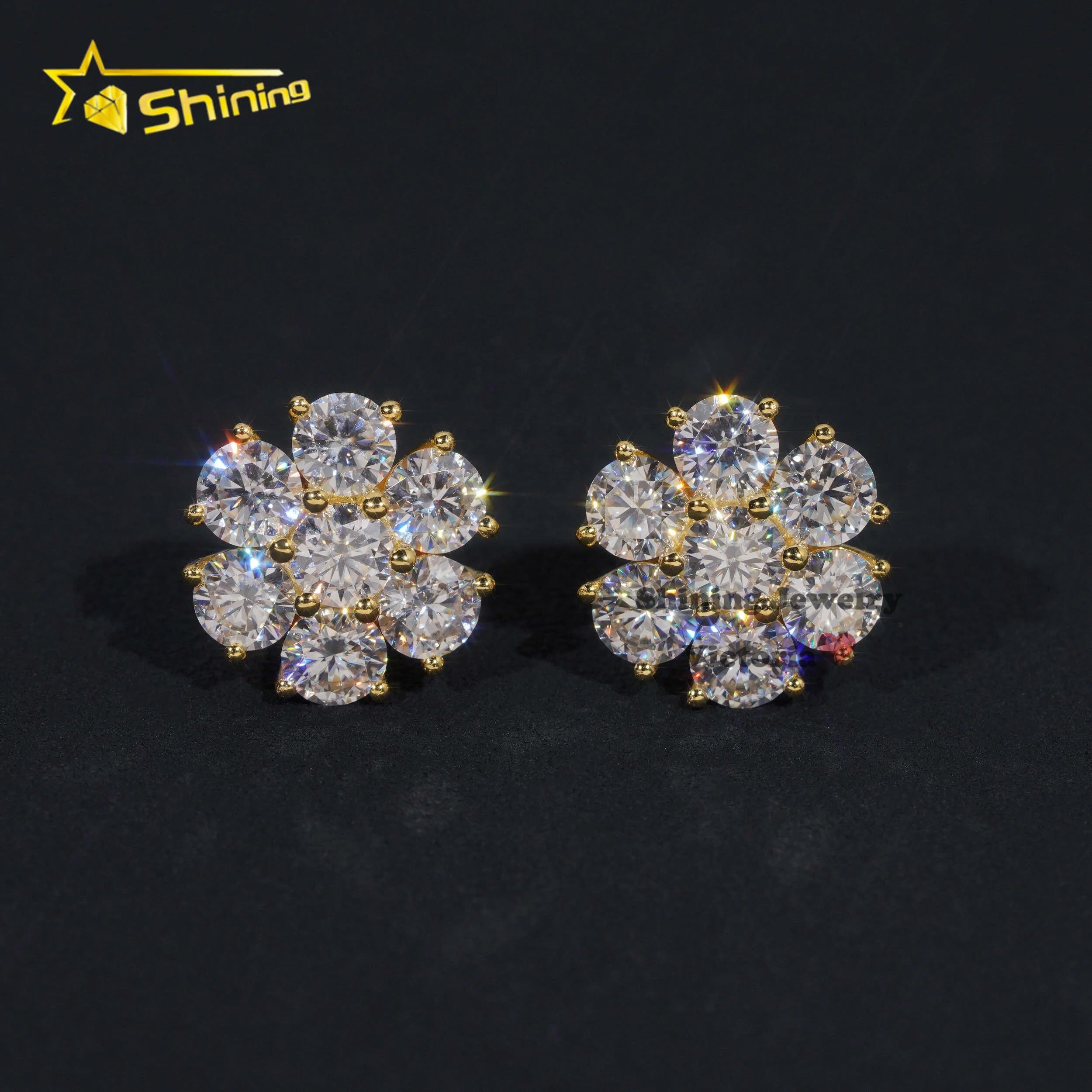 Wholesale Price Hip Hop Jewelry 15MM Flower Earrings VVS Moissanite Diamond 925 Sterling Silver Gold Plated Men Stud Earrings