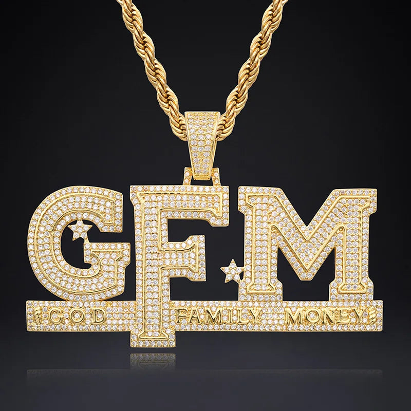 Best Wishing Men's Iced Out Letters GFM Pendant Represent God Family Money Hiphop Pendant Necklace