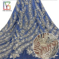 Luxury African Bridal Flower Embroidery With Sequins Lace Fabric Heavy Handmade Sequin Beaded Tulle Wedding Dress Lace Fabric