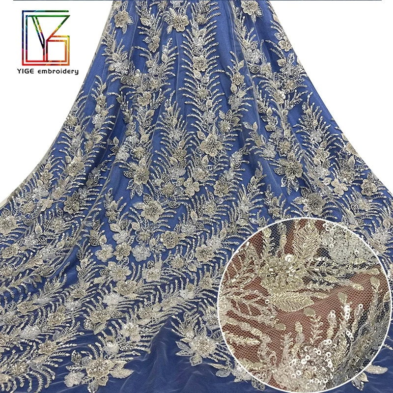Luxury African Bridal Flower Embroidery With Sequins Lace Fabric Heavy Handmade Sequin Beaded Tulle Wedding Dress Lace Fabric
