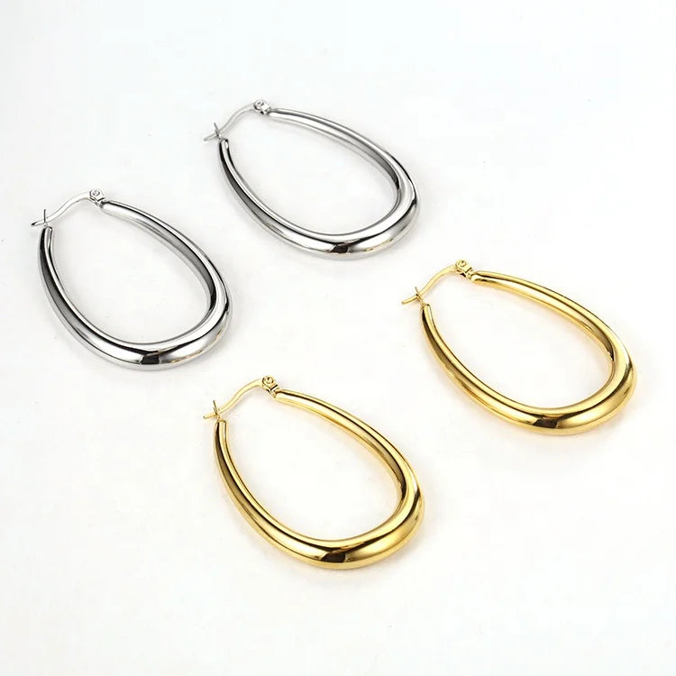 Bohemian Unique Design Stainless Steel Gold Plated Big Large Oval Round Hoop Earrings