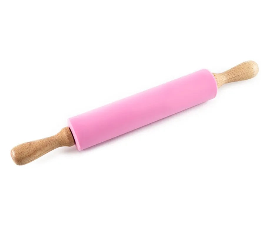 Silicone Pink Dough Roller with Wood Handle Nonstick Rolling Pin for Pizza & Cookies for Pastry & Bakery Use