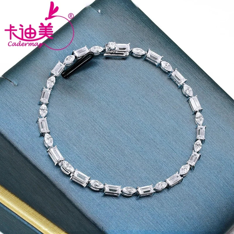 Cadermay 14K Real White Gold Moissanite Tennis Bracelet D VVS 2.5x5mm Marquise & Emerald Cut Moissanite Bangle for Women Gifts