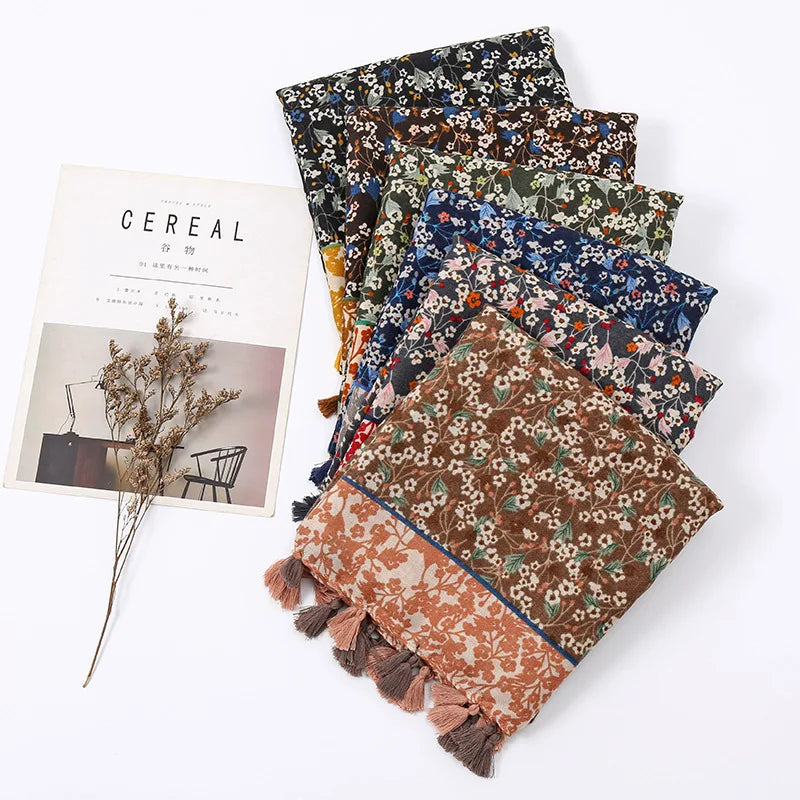 Women's Korean-style Autumn and Winter Keep Warm Shawl New Vintage Small Floral Tassel Scarf