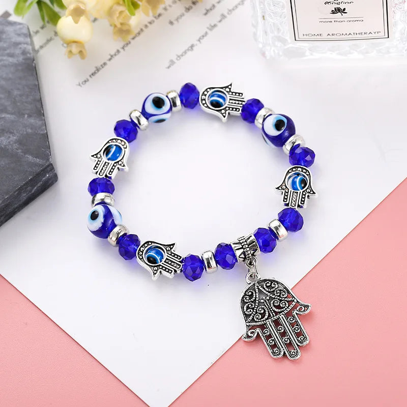 Fashion Ethnic Turkey Acrylic Evil Blue Eye Beads Charms Hamsa Hand Bracelets Jewelry for Men Women