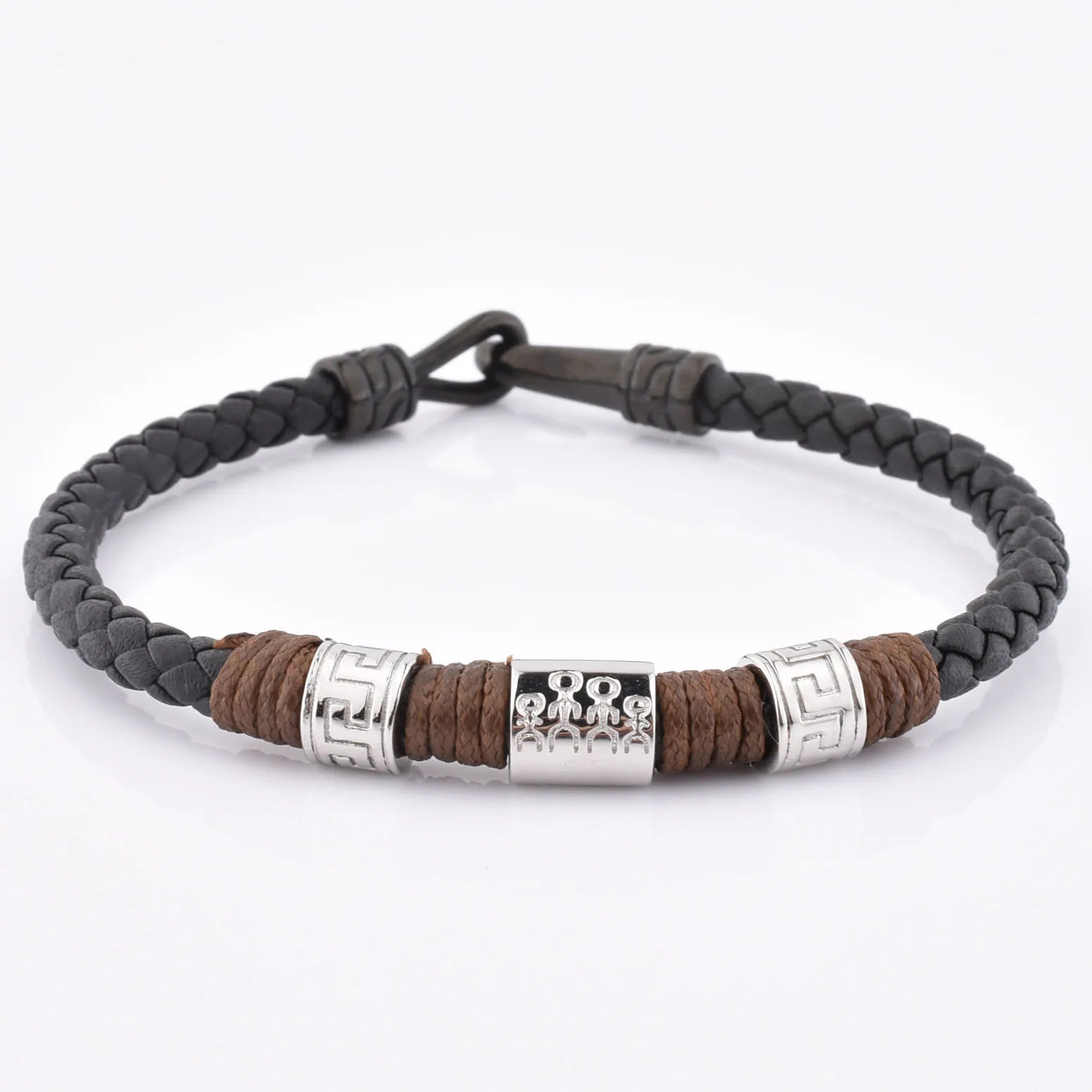 New Products Stainless Steel Clasp Black Leather Double Layer Bracelet for Men