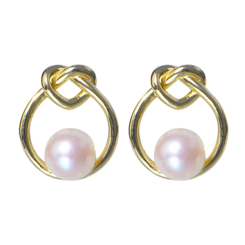 925 Sterling Silver Drop Knot Pearls Stud Earrings 18k Gold Plated Geometric Statement Stud Earrings for Women