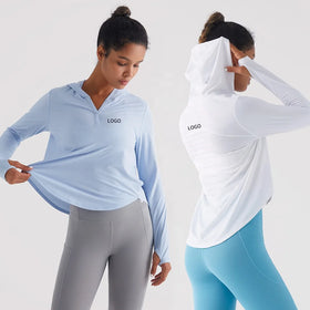 Women's Slim-Fit Long Sleeve Hooded T-Shirt for Pilates and Yoga Plus Size Quick Dry Breathable Outdoor Sports Wear