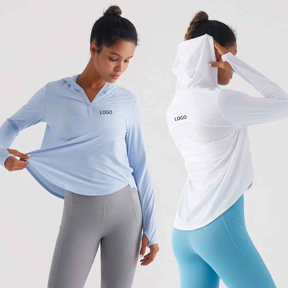 Women's Slim-Fit Long Sleeve Hooded T-Shirt for Pilates and Yoga Plus Size Quick Dry Breathable Outdoor Sports Wear