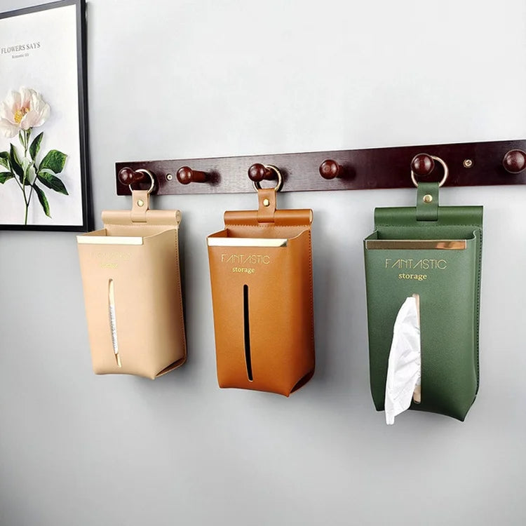 New Design Portable Wall Mounted Napkin Holder Foldable Hanging Pu Leather Tissue Box