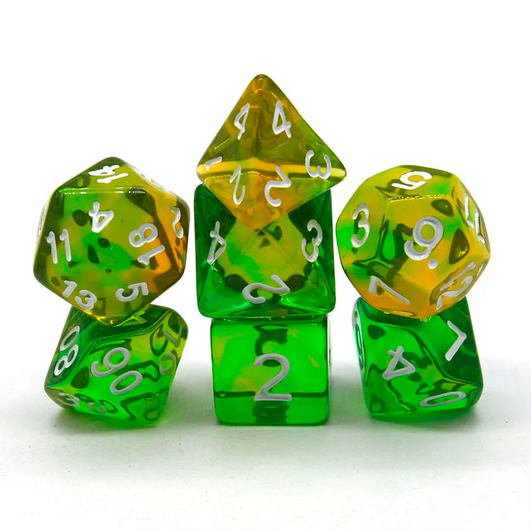 High Quality Custom RPG Dice Set 16mm Polyhedral Acrylic Resin Dice in Green & Gold Inexpensive for Game and DND Use