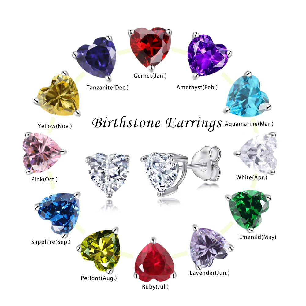 925 Sterling Silver Heart Birthstone 6mm Custom Single Colorful Stone Stud Earrings
