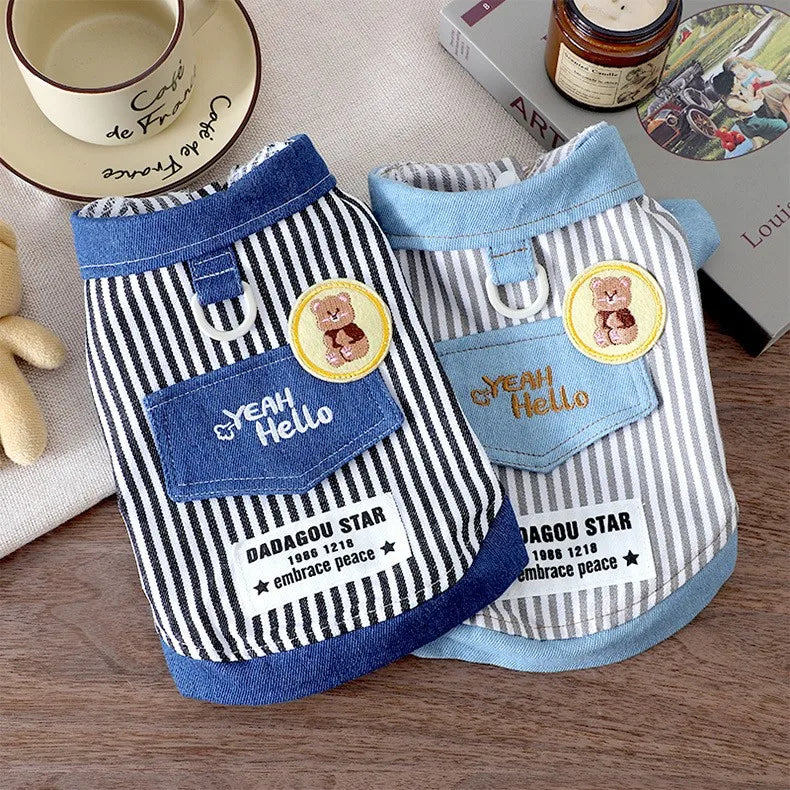 Spring Summer Thin Striped Denim Jacket for Pet Cats Dogs Small Breeds Schnauzer Bichon Teddy Two Leg