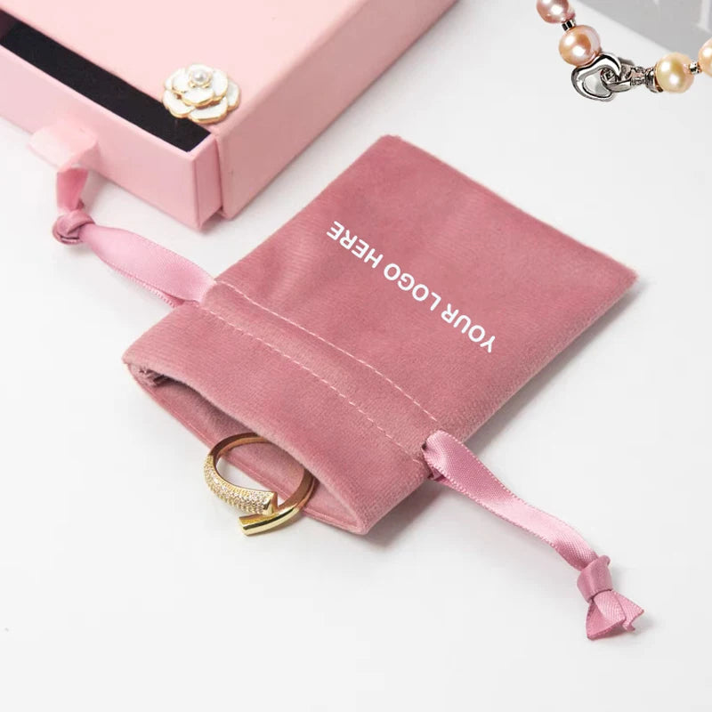 Custom Logo Printed Recyclable Velvet Drawstring Organizers  Suede Jewelry Pouch for Necklaces Rings Bracelets Watches