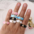 RM1258 Pink Blue Black White Rainbow Enamel Letter Ring  Cubic Zirconia CZ Initial Ring  Gold Personalized Thick Band Rings