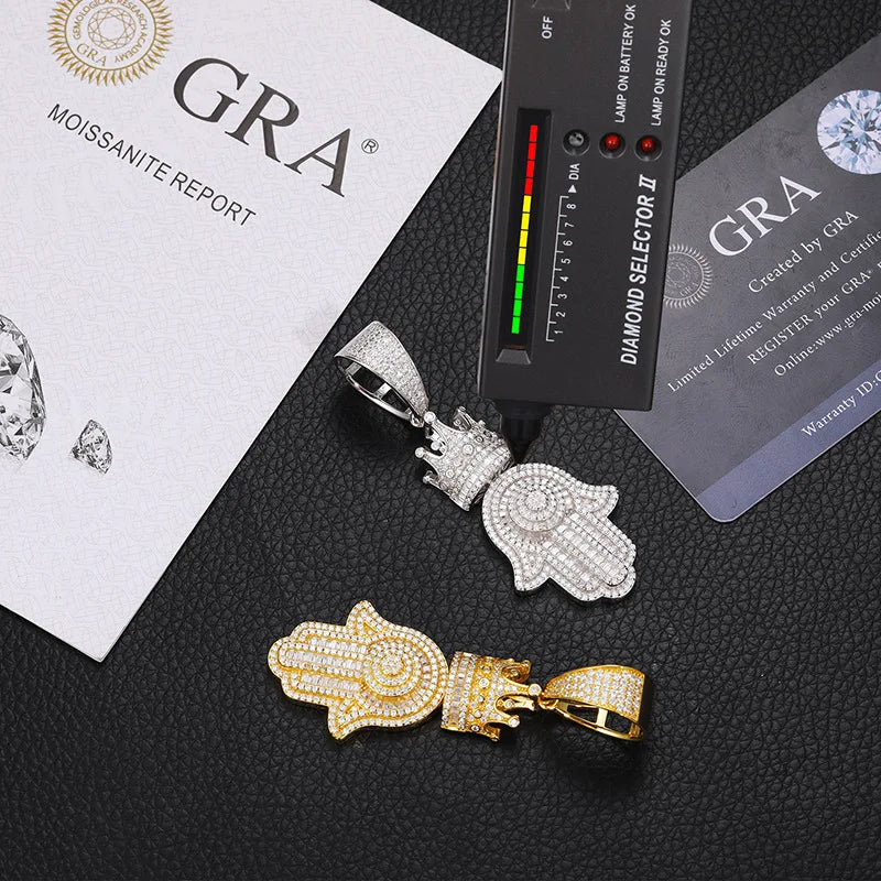 VVS D Moissanite Hamsa Hand Pendant Necklace 925 Sterling Silver Hip Hop Iced Out Crown Hamsa Pendant for Men Women