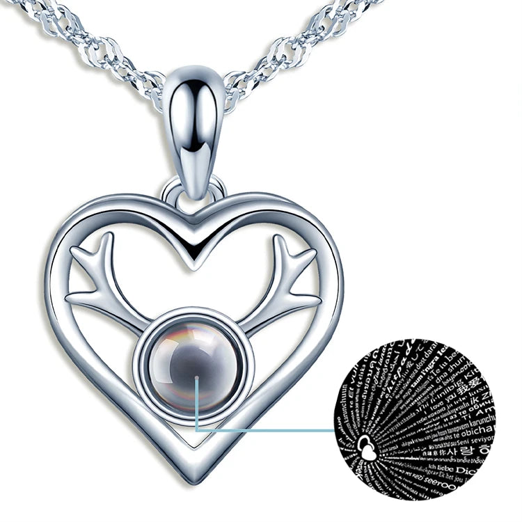 Lovely Deer Antler Necklace I Love You 100 Languages Hollow Heart S925 Silver Woman Projection Necklace