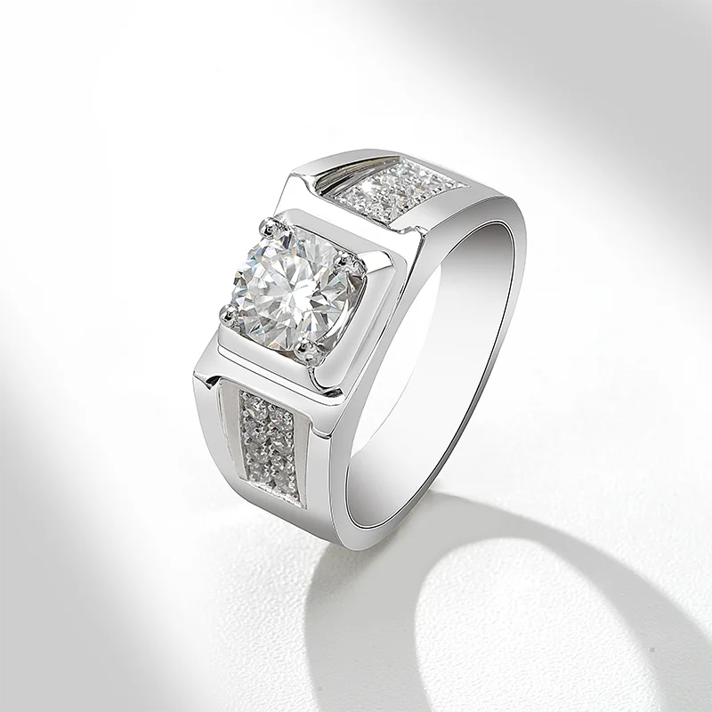 Bohemian 925 Stirling Silver Men Rings Bulk 1ct Moissanite Stone Silver Men Rings Plated White Gold Color