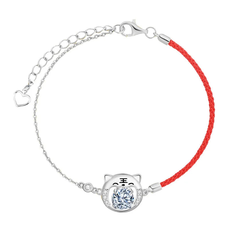 S925 Sterling Silver Elegant Moissanite Bracelet and Bangles Red Rope with Zodiac Tiger Design Targeted Audience Adults