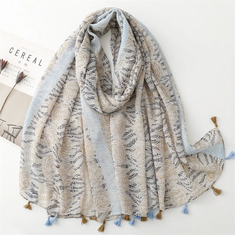 Bohemia Style Unique Pattern Lightweight Muslim Women Head Wraps Hijabs Geometric Cotton Voile Printed Shawls Tassels Scarves