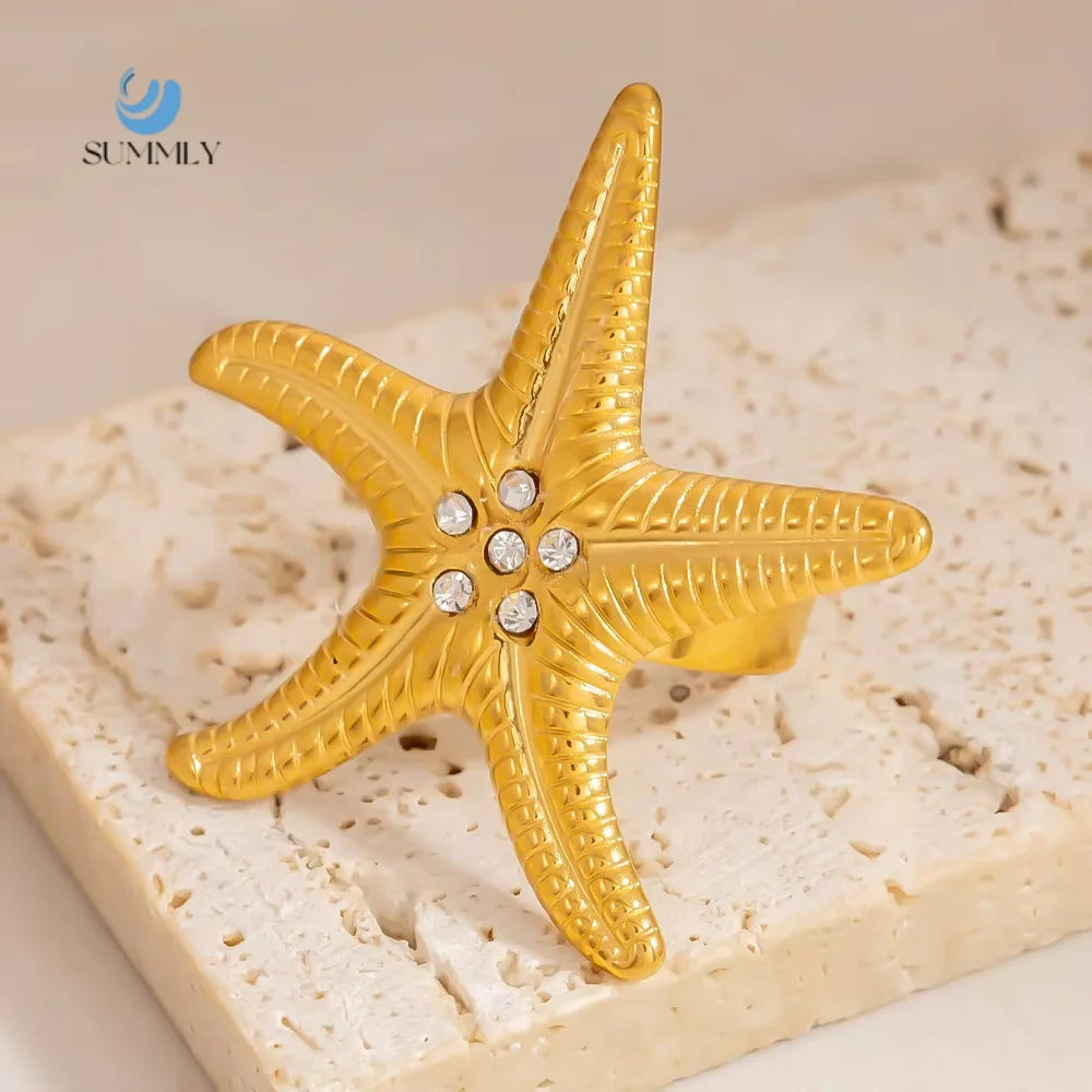 SUMMLY Vintage Wholesale Trendy Creative Starfish Shape 18K Gold Plated Stainless Steel with Diamonds Open Ring Fashion Jewelry