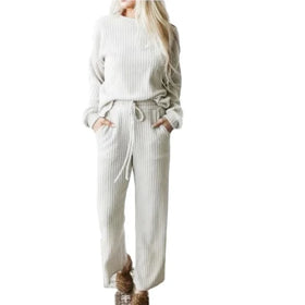 Women'S Sets Knit Fabric Long Sleeve T Shirts and Causal Pants Sets